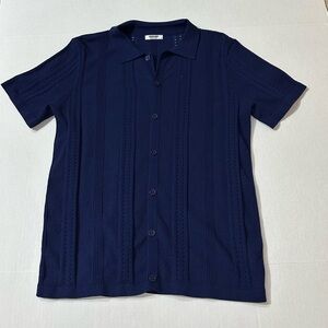 Short-Sleeve Navy Knit Button-Down Shirt